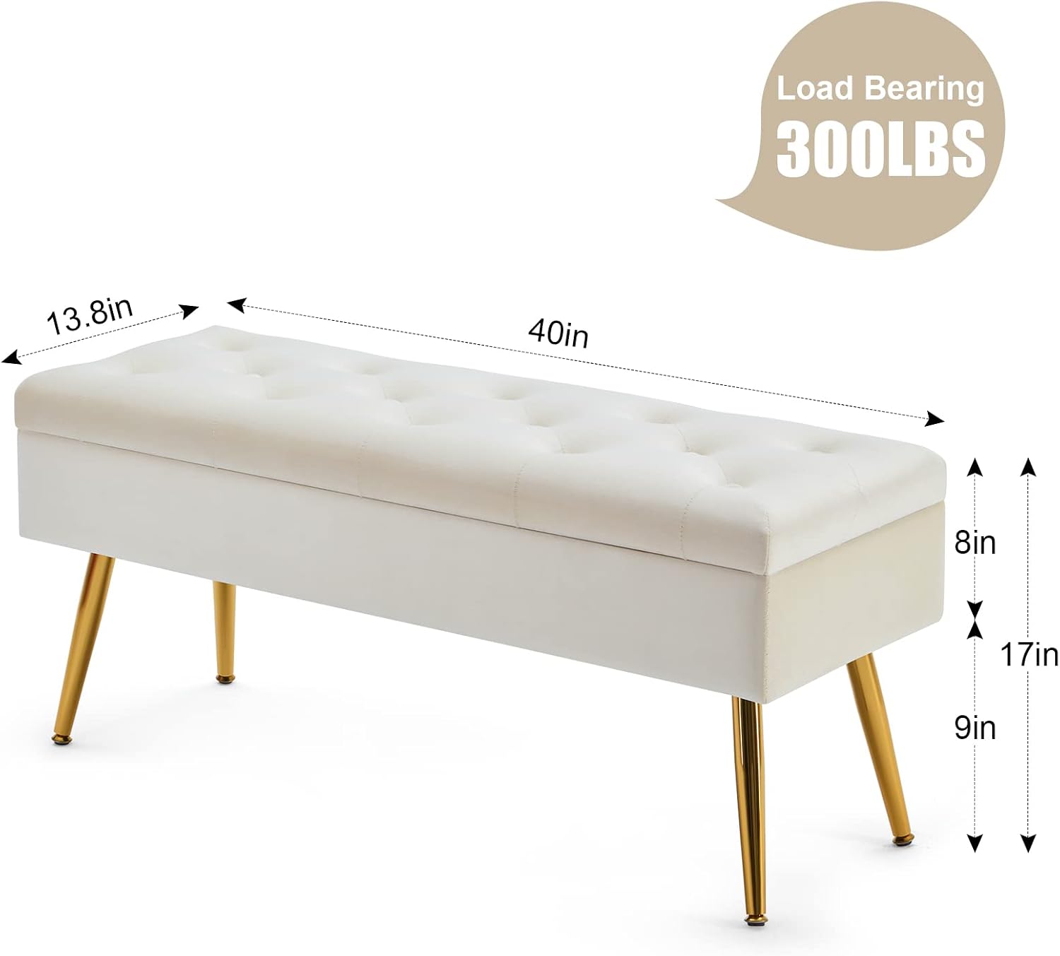 Gitrah Storage Bench Entryway Bench End of Bed Bench Ottoman Upholstered Velvet Bedroom Bench Tufted Bench with Golden Legs 40" Cream