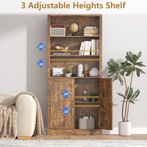 Thacuok 72'' Tall Bookcase with Doors, Adjustable Shelves, P2 MDF Con...