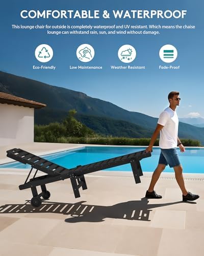 SERWALL HDPE Outdoor Chaise Lounge Set of 2 with Cup Holder & Wheels, Bla...