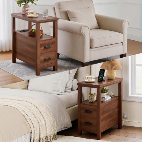 Farmhouse Nightstand with Charging Station, 18'' Wooden Bedside Table...