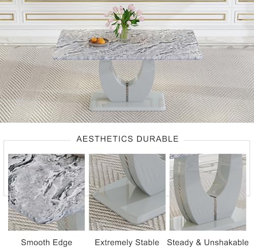 JUFU 5-Piece Dining Table Set for 4, 63-Inch Faux Marble with PU Chairs