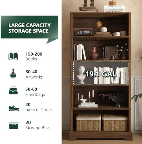 TVU 5 Tiers Wooden Bookshelf, 65.2" Tall Farmhouse Style Open Bookcase, ...