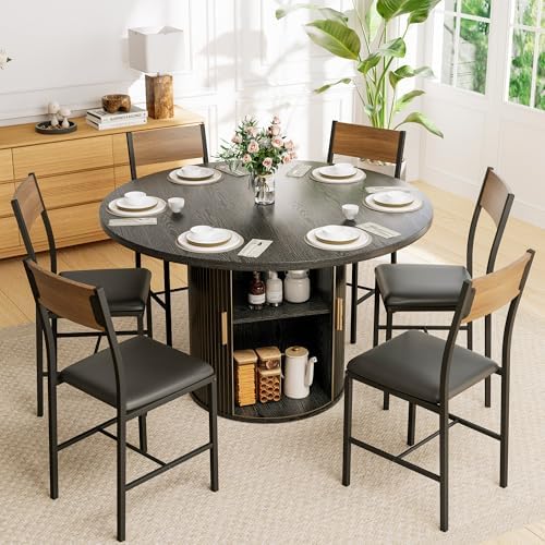 Pamapic Dining Table Set for 6, 47" Round Dining Table with Chairs, Stor...