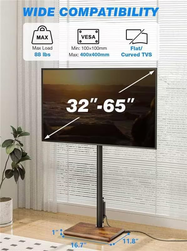 Rfiver Swivel Floor TV Stand with Power Outlet for 32-65 inch TVs, Height Adjustable Tall TV Stand with Wood Base, Hold Up to 88lbs, Saving Space Design for Bedroom, Living Room and Corner (Brown)