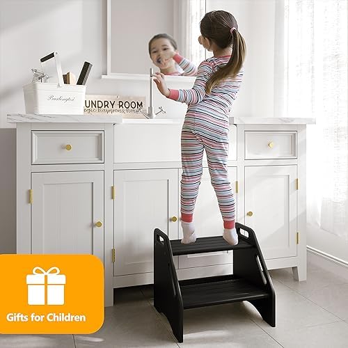 AMBIRD Wooden Step Stool - Two-Step 300 lbs Capacity With Safety Non-Slip Pad...