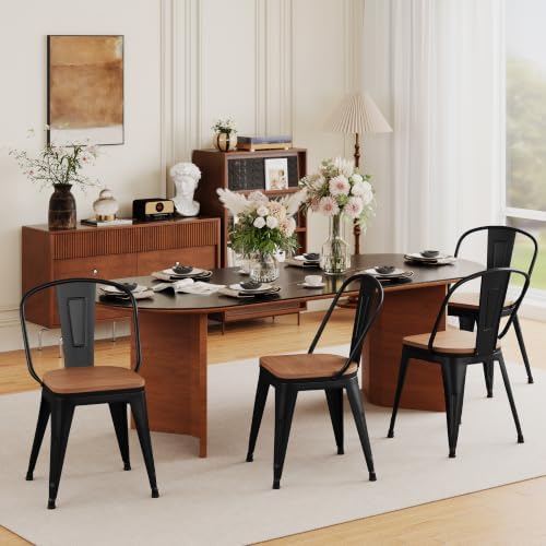 18 Inch Metal Dining Chairs Set of 4 Farmhouse Kitchen Chairs with Wooden Sea...