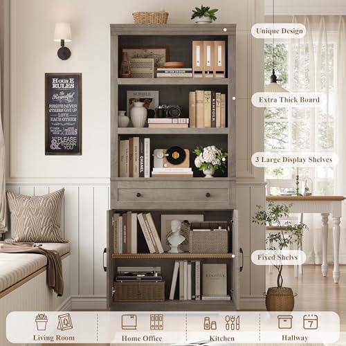 HOSTACK 72" Bookshelf with Storage, Tall Bookcase w/Deep Cabinet, Ash Grey
