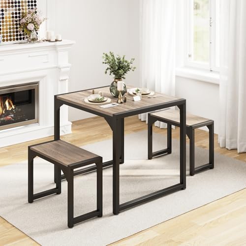 Gizoon Square Dining Table Set for 2, Kitchen Table with 2 Benches Grey