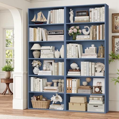 FOTOSOK 6 Tier Tall Bookshelf and Bookcase, Open Display Shelves, Blue 2PK