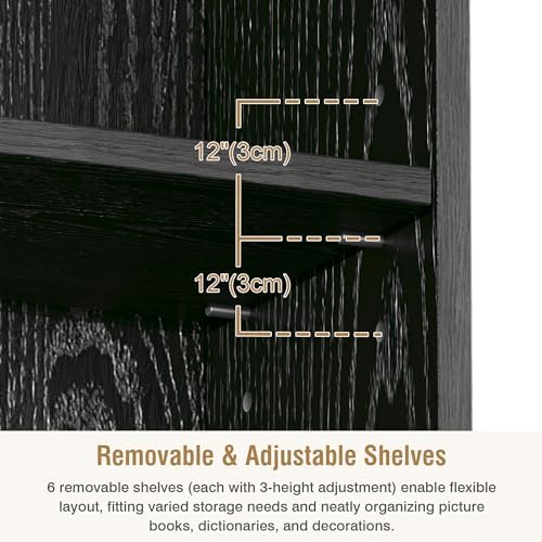 VECELO Curved Top Narrow Tall Bookshelf, 6 Adjustable Movable Shelves, Wood S...