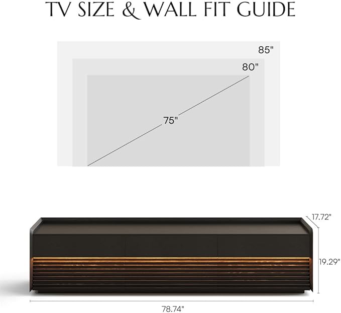 POVISON Fully-Assembled Mid Century Modern TV Stand, 78.74" Wood Media Console with Adjustable LED Light, Entertainment Center with Storage for Living Room