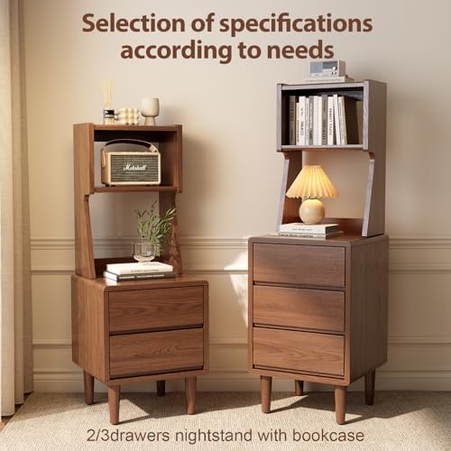 Solid Wood Bookshelf Nightstand Combo, Tall Nightstand with Bookshelf