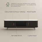POVISON Fully-Assembled Sliding Tambour Door TV Stand, Mid Century Modern Sintered Stone TV Console, Wood Media Console for 75 Inch TV, Entertainment Center with Storage Cabinet(Black, 78.74")