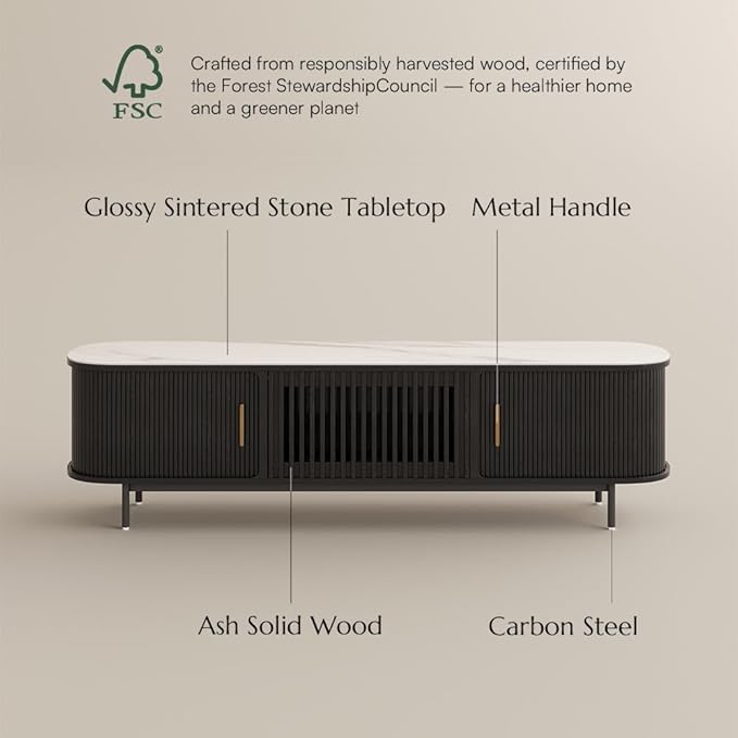 POVISON Fully-Assembled Sliding Tambour Door TV Stand, Mid Century Modern Sintered Stone TV Console, Wood Media Console for 75 Inch TV, Entertainment Center with Storage Cabinet(Black, 78.74")
