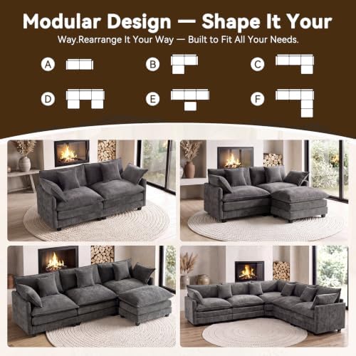 111.4" V-Shaped 5-Seat Sectional Cloud Couch, Chenille Soft Set, Grey | ...