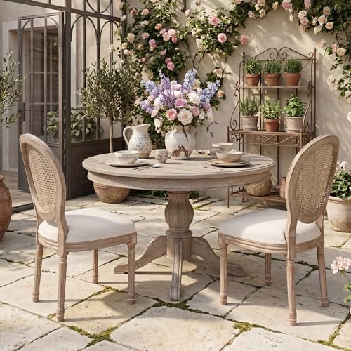 Polar Aurora Dining Chairs Set of 4 Beige Rattan Round Back with Solid Wood L...