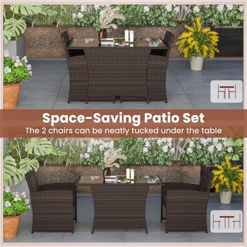 Tangkula 3 Piece Patio Wicker Dining Set, 2 Rattan Chairs with Rectangle Temp...