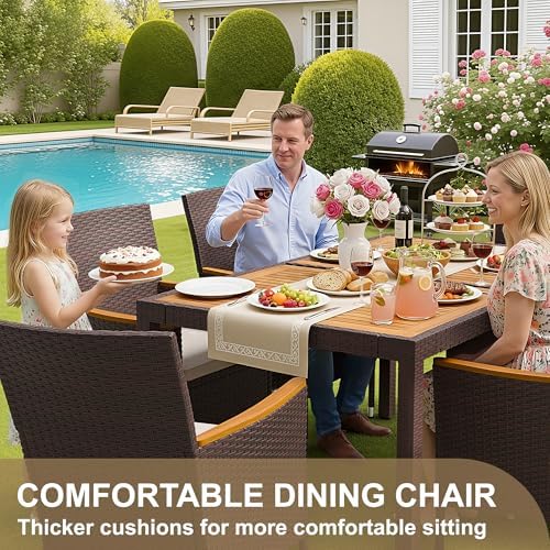 Devoko 7 PCS Acacia Wood Patio Dining Set, Brown Rattan