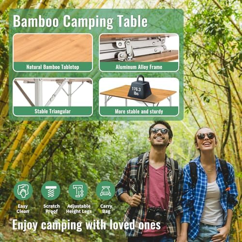 KingCamp Adjustable Height Bamboo Folding Camping Table with Storage