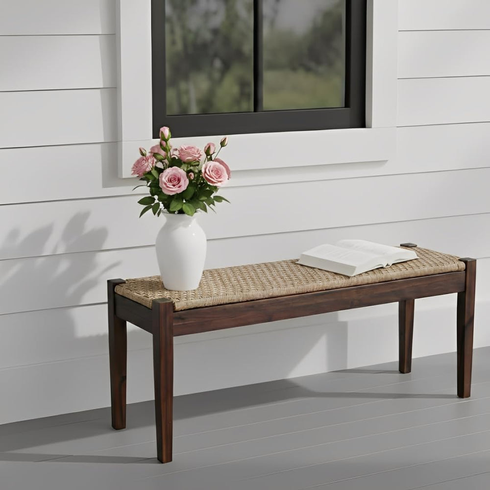 Vintage Entryway Bench, 45 inch Acacia Wood Bench with Woven Rope Seat, Wicke...