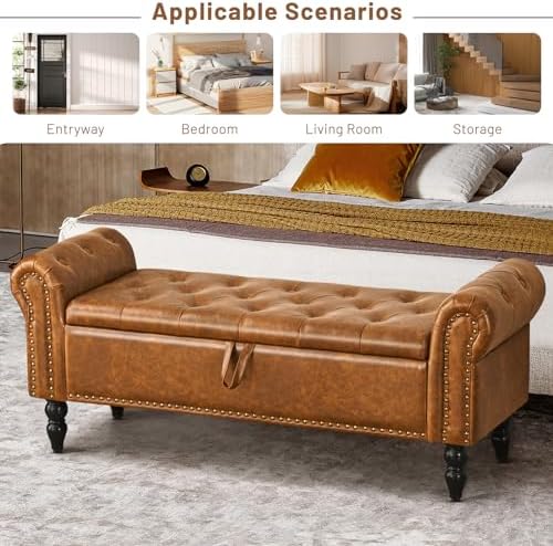 Furniliving Storage Ottoman Bench, Leather Benches End of Bed Bench with Soli...