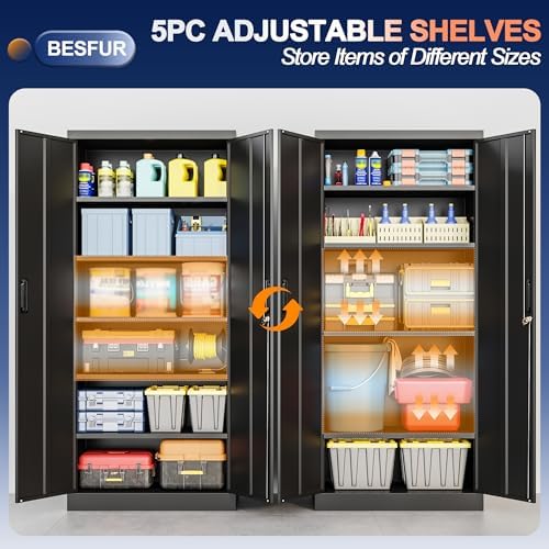 BESFUR Metal Storage Cabinet with 2 Doors and 5 Adjustable Shelves Garage Sto...