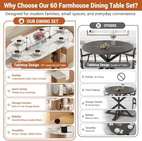 5 PCS Farmhouse Dining Table Set for 4,60" Large Round Folding Dining Ta...