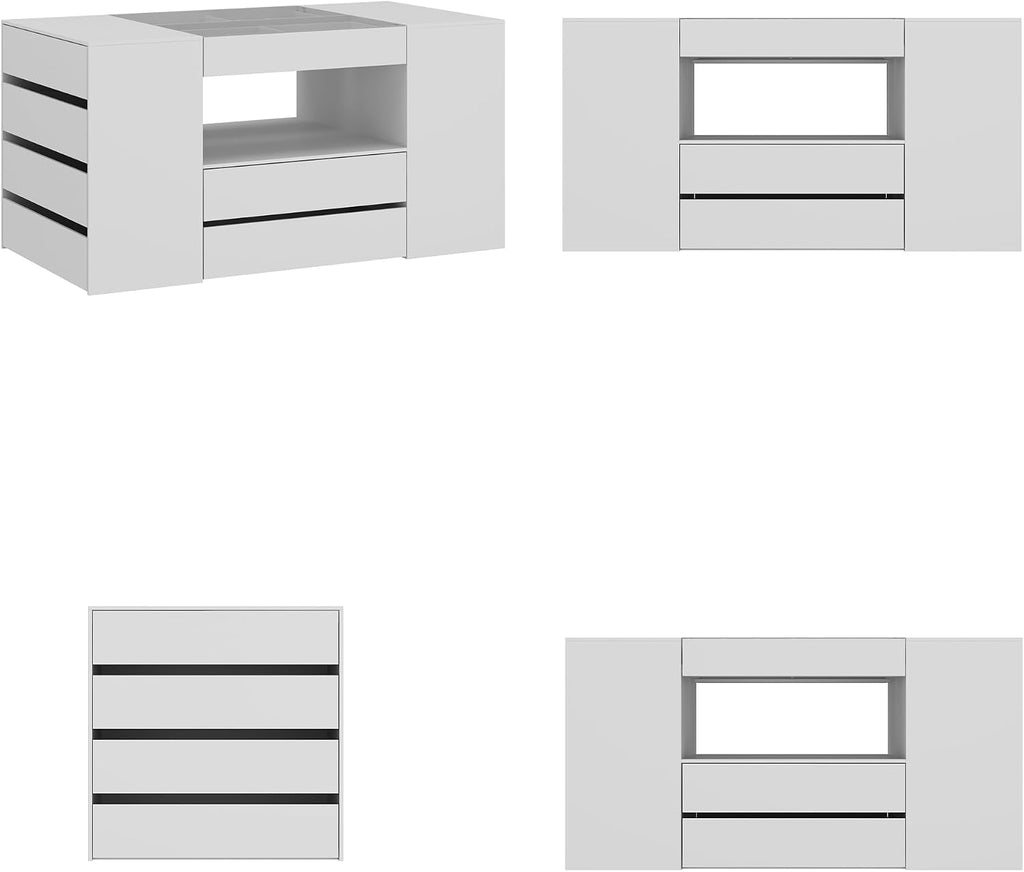 AGOTENI 62" W Closet Island with 14 Drawers, Glass Top & Drawer Organizers, Modern Wooden Armoire Wardrobe Storage Island with Open Shelf for Walk-in Closet Bedroom, White