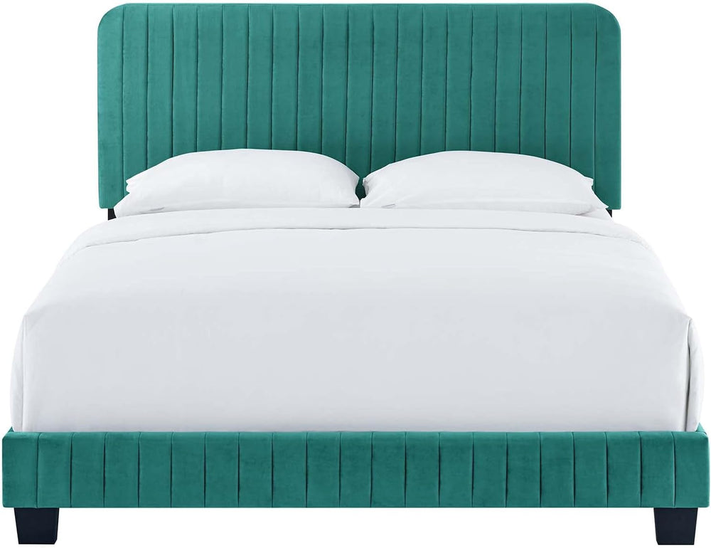 Tufted Platform Bed Frame, King Size, Velvet, Teal Blue, Modern Contemporary,...