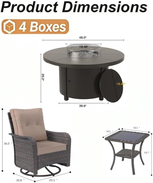 ALAULM 7-Piece Outdoor Swivel Rocking Chair Set with 40,000 BTU Round Fire Pi...