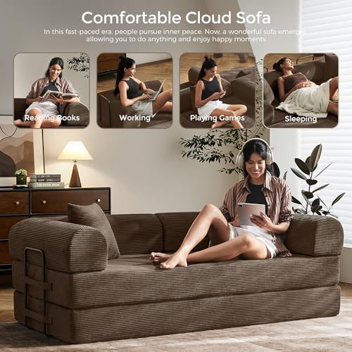 79" Convertible Futon Sofa Bed, Couch for Living Room | Brown | Folding ...