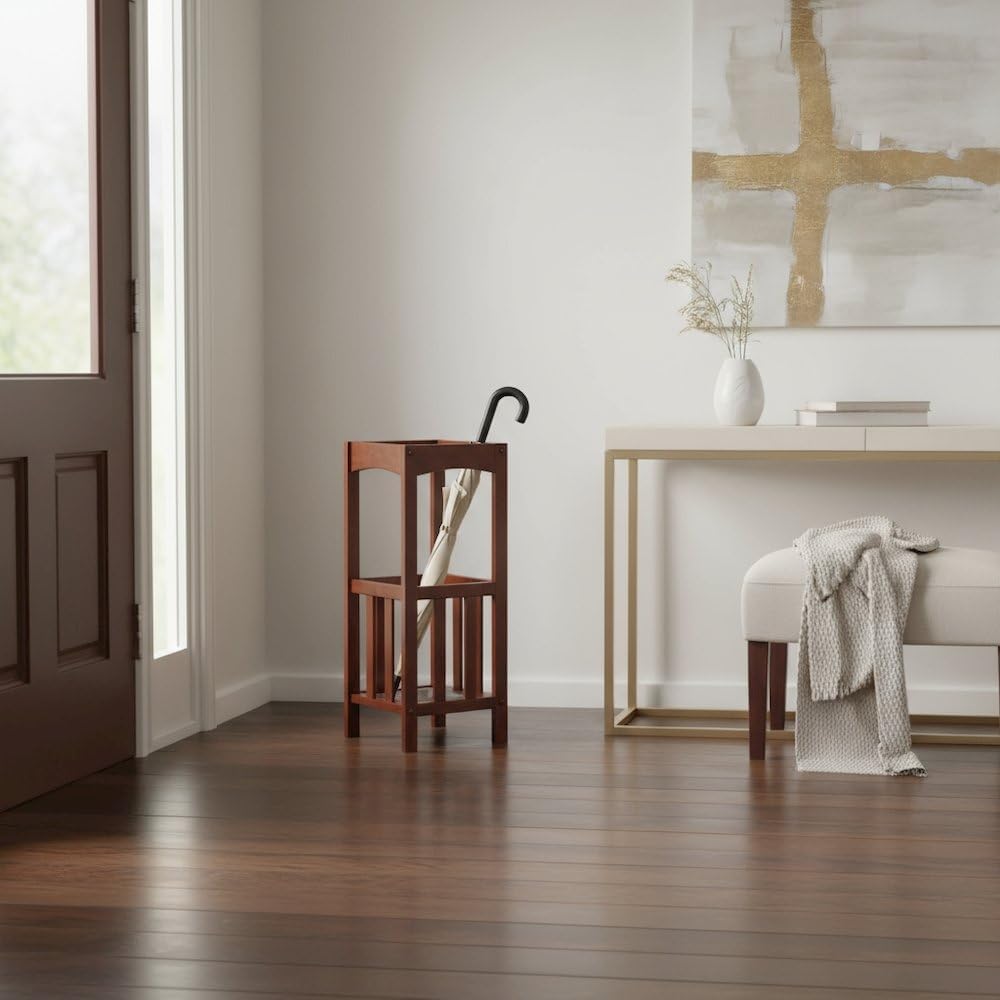 Furnifact Umbrella Stand with Removable Metal Tray, Solid Wood Frame, Tall Accent Table, Walnut Finish, Entryway Storage