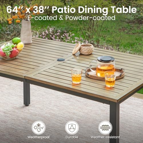 PHI VILLA 7 Piece Patio Dining Set, 64” Wood-Like Table, Rattan Chairs