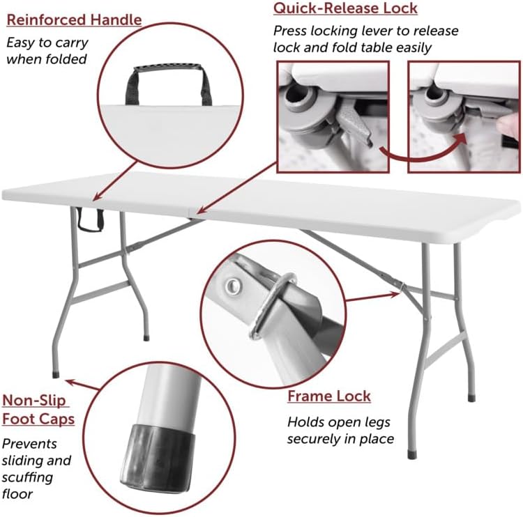 Romig Trestle 5 ft Folding Table, Blow Mold Plastic Top, Fold-in-Half with Ca...