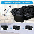 Living Room Furniture Sets, Power Reclining Sofa Set, Black Leather 2 Recliner Sectional with LED Light, Modern Power Recliner Sofa Sets with Cup Holder/Storage Console for Living Room