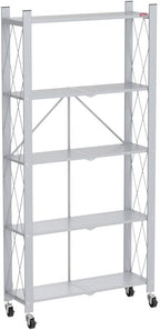DEANIC 5 Tier Foldable Storage Shelves with Wheels, Large Capacity Shelving Unit, Freestanding Metal Wire Shelf Rack, No Assembly Organizer Rack for Garage Kitchen, Basement, Pantry(White)