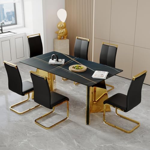 TesNus 7 Pieces Dining Table Set,63" Marble Kitchen Room Table with 6 Black Chairs,Rectangle Sintered Stone Top with Gold Legs,Large Dinner Table Set for 6 Person for Kitchen Dining Room