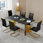 TesNus 7 Pieces Dining Table Set,63" Marble Kitchen Room Table with 6 Black Chairs,Rectangle Sintered Stone Top with Gold Legs,Large Dinner Table Set for 6 Person for Kitchen Dining Room