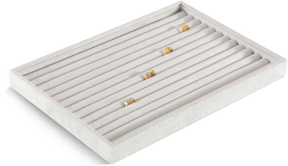 Velvet Ring Display Tray, Stackable Muilt Slot Rings Ear Stud Storage Tray, Drawer Insert Jewelry Accessories Organizers Plate (White)