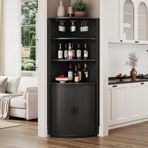 ONBRILL 72" Tall Corner Bar Cabinet with LED Light, Liquor Cabinets, Black