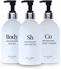 Shampoo Conditioner Body Wash Dispenser Set - Refillable Matte Plastic Cylindrical Bottles, 16.9 oz Pump Containers, Minimalist Bathroom Organization, Pack of 3 [White-Silver]