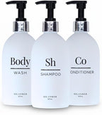 Shampoo Conditioner Body Wash Dispenser Set - Refillable Matte Plastic Cylindrical Bottles, 16.9 oz Pump Containers, Minimalist Bathroom Organization, Pack of 3 [White-Silver]
