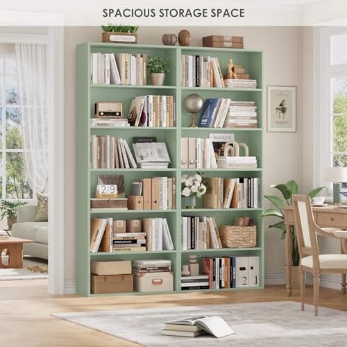 FOTOSOK 6 Tier Tall Bookshelf and Bookcase with Open Display Shelves, Green
