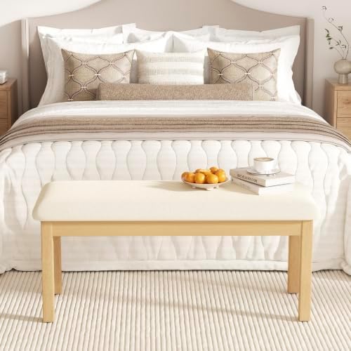 Upholstered Dining Bench Seat, Linen Entryway Benches with Wood Legs, Mid Cen...