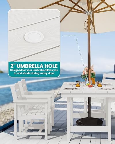 SERWALL 7 Pcs Outdoor Dining Set, 67" HDPE Dining Set for 6, White