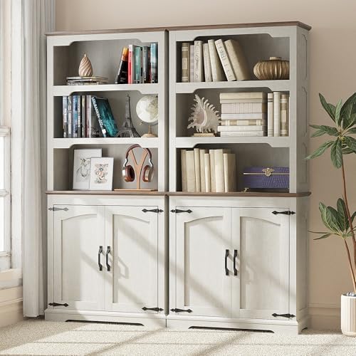 70'' Farmhouse White Bookcase Bookshelf, 5-Tier Bookcase with Doors S...