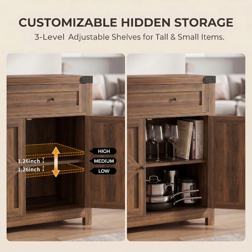 YESHOMY Farmhouse Coffee Bar and Accent Cabinet with Barn Doors, Brown