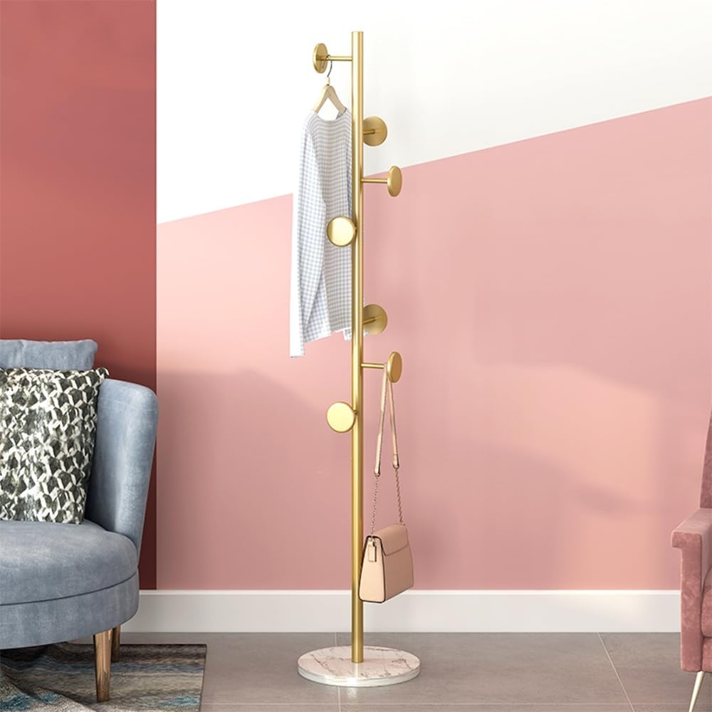Coat Rack Freestanding with Marble Rock Slab Base, Heavy Duty Sturdy Stable Metal Tree Clothes Racks with 7 Staggered Round Hooks, Coat Hanger for Clothing Hats Bags Purses, for Room Entryway Bedroom