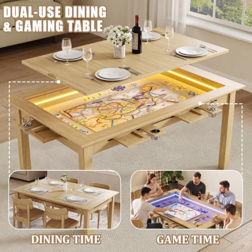 Board Game Table with Led Lights,63" Dining/Gaming Table, Oak