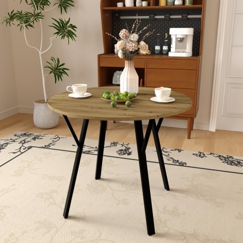 Round Dining Table with Metal Black Legs,35.43 Inch Circle Brown Kitchen Table Modern Dining Room Smal Table for 2-4 People (35.43'')